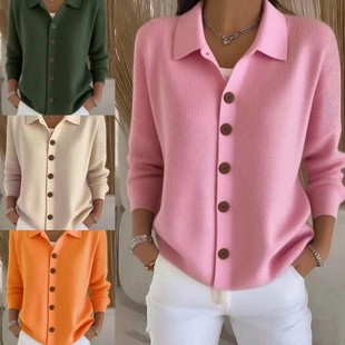 女装 纯色休闲时尚 外套秋冬新款 欧美跨境纽扣针织翻领毛衣开衫