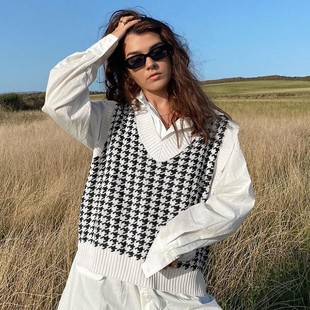 宽松无袖 千鸟格针织衫 背心上衣 性感女装 秋动跨境欧美新款
