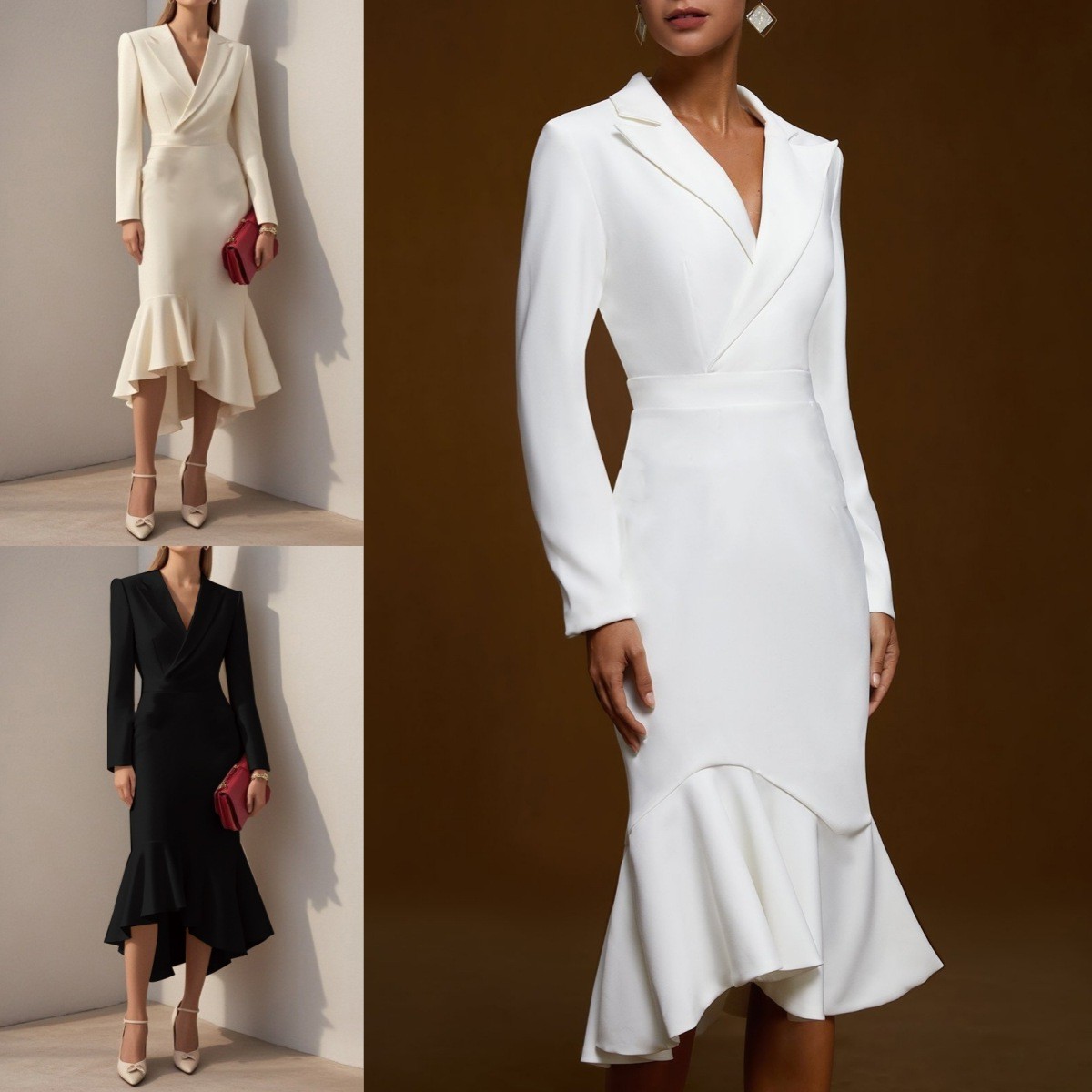 速卖通亚马逊新款 秋季西装领气质收腰修身包臀鱼尾连衣裙女
