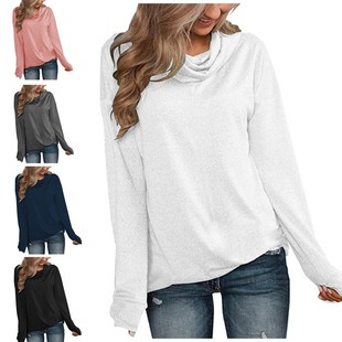 纯色套头堆堆恤上衣女 秋季 欧美女装 休闲百搭亚马逊新款