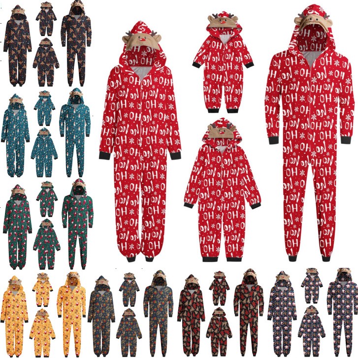 现货跨境圣诞亲子装时尚连帽印花连衣裤家居服连体裤加大码