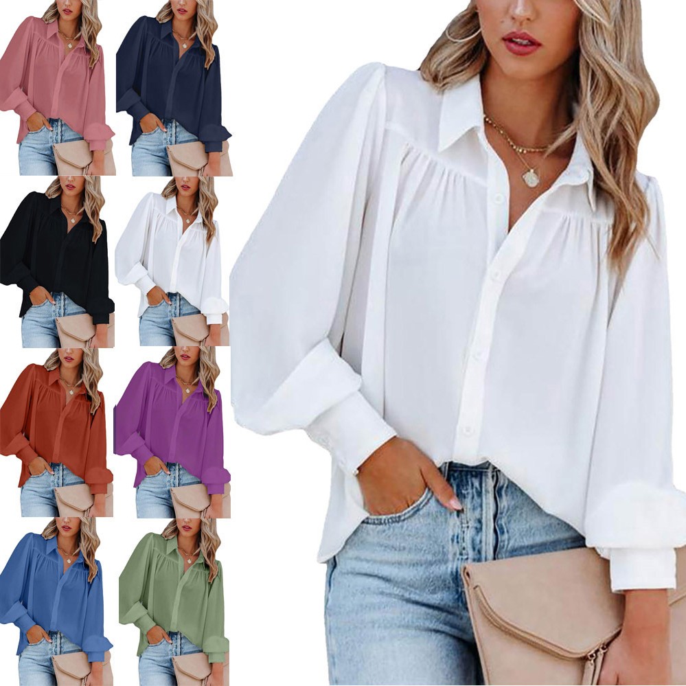 跨境亚马逊系扣上衣灯笼袖褶皱纯色立领宽松衬衫长袖女装