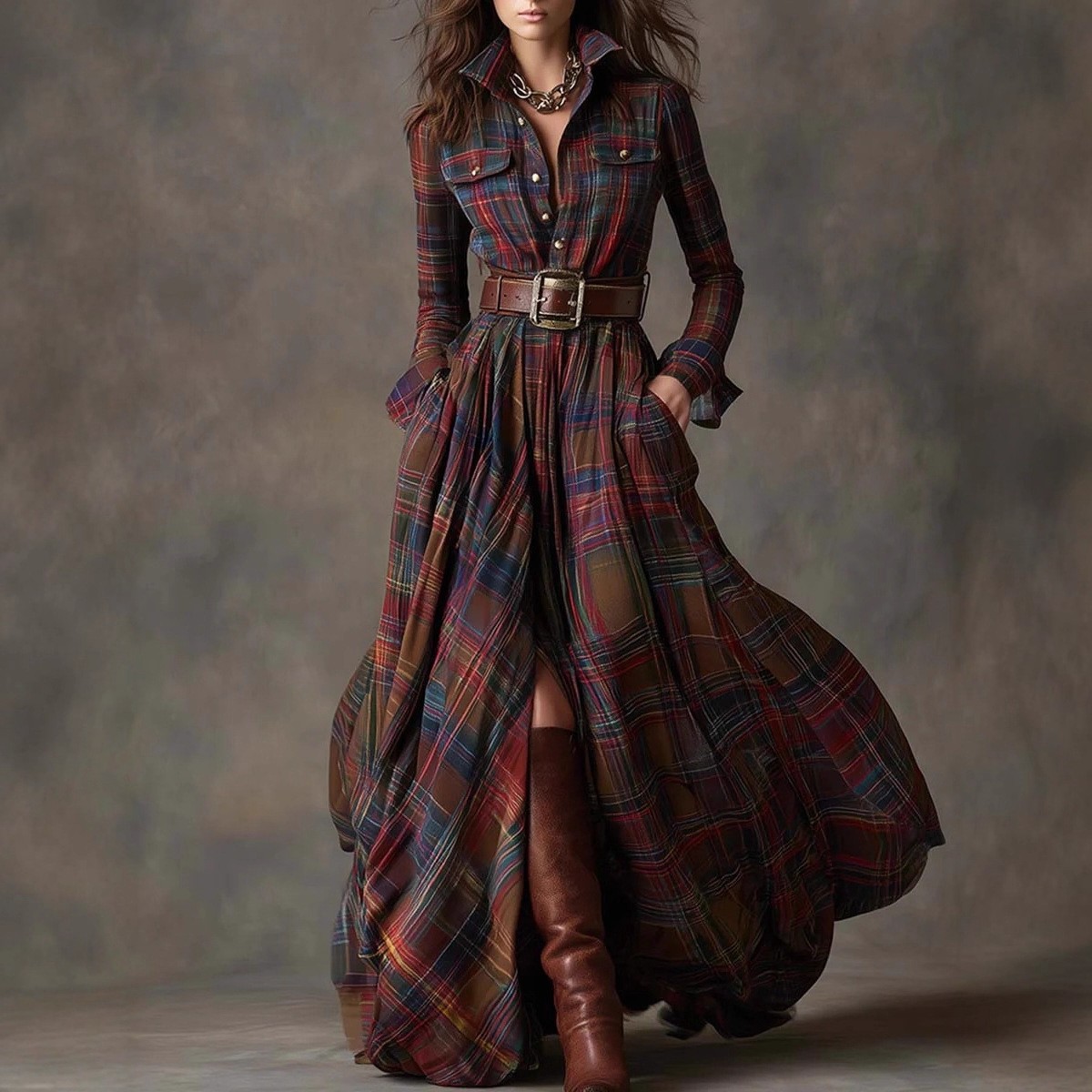 大码女装法式复古格子显瘦不规则连衣裙女欧美亚马逊新款设计感裙