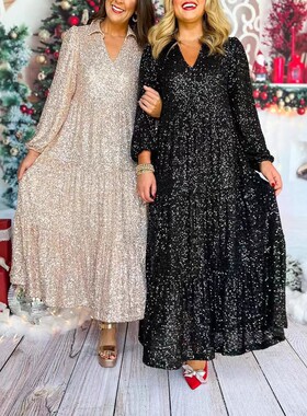 亚马逊秋冬新款跨境欧美女装长袖领连衣裙大裙摆宽松珠片长裙女