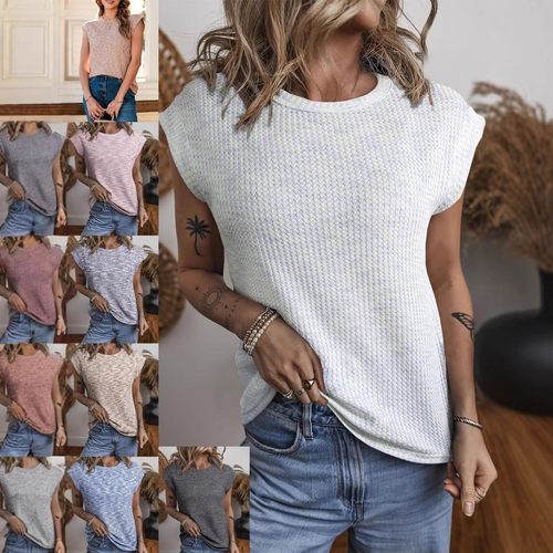 年春夏季女装新款时尚华夫格圆领纯色宽松短袖女士上衣