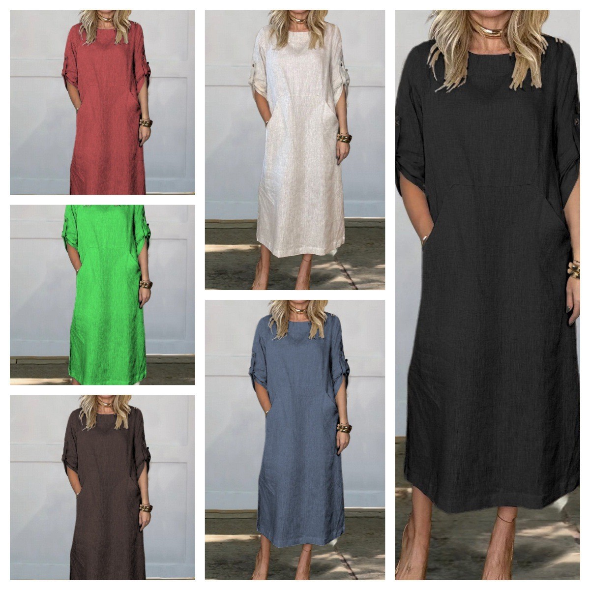 欧美春夏爆款女装独立站棉麻纯色休闲圆领双侧口袋长款连衣裙