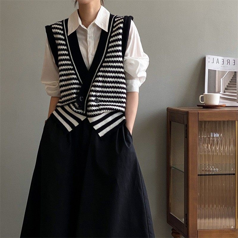 复古慵懒风条纹针织马甲上衣女宽松外穿秋季时尚新款坎肩毛衣背心,个性定制/设计服务/DIY,连衣裙加工定制,淘宝优惠券,粉丝福利购,淘宝优惠卷