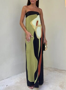 独立站新款欧美女装时尚无袖露肩前卫性感露背印花欧美连衣裙