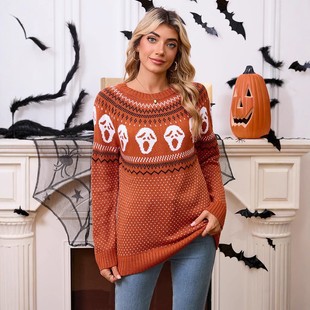 针织衫 宽松万圣节独特骷髅提花圆领长袖 欧美毛衣女装 跨境秋冬新款