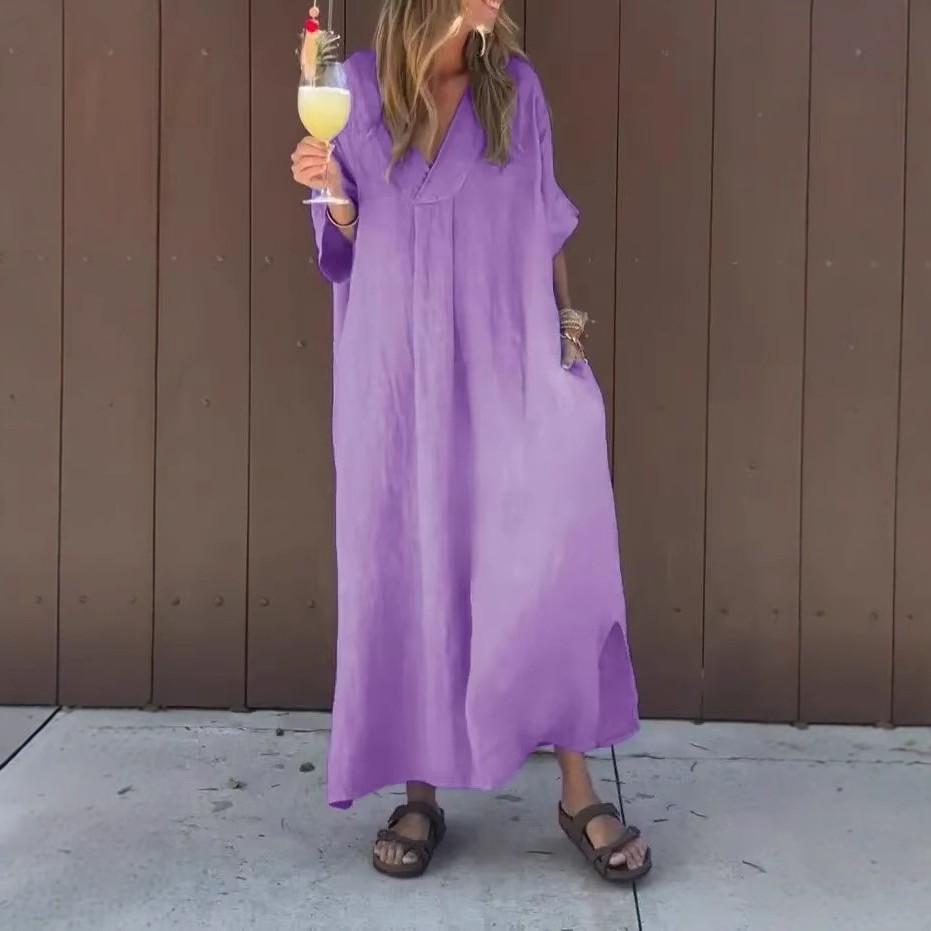 春季欧美跨境独立站爆款连衣裙-洗水棉休闲短袖领连衣裙长裙