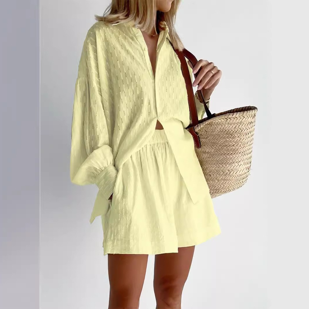 镂空提花小众法式长袖套装衬衫春夏新款短裤休闲女装设计感白