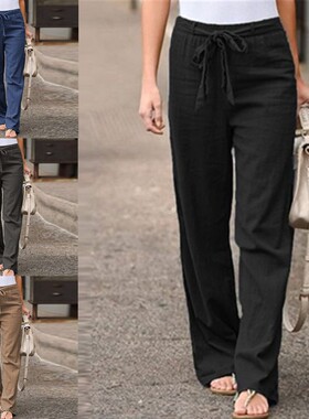 跨境女装速卖通夏季松紧腰纯色棉麻阔腿裤宽松长裤女