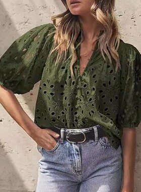 Lantern sleeve V-neck button cut out shirt