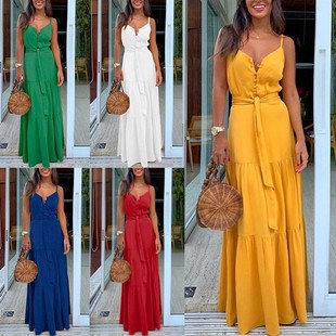 气质领中长款 跨境欧美女士时尚 吊带连衣裙 新款 现货夏季