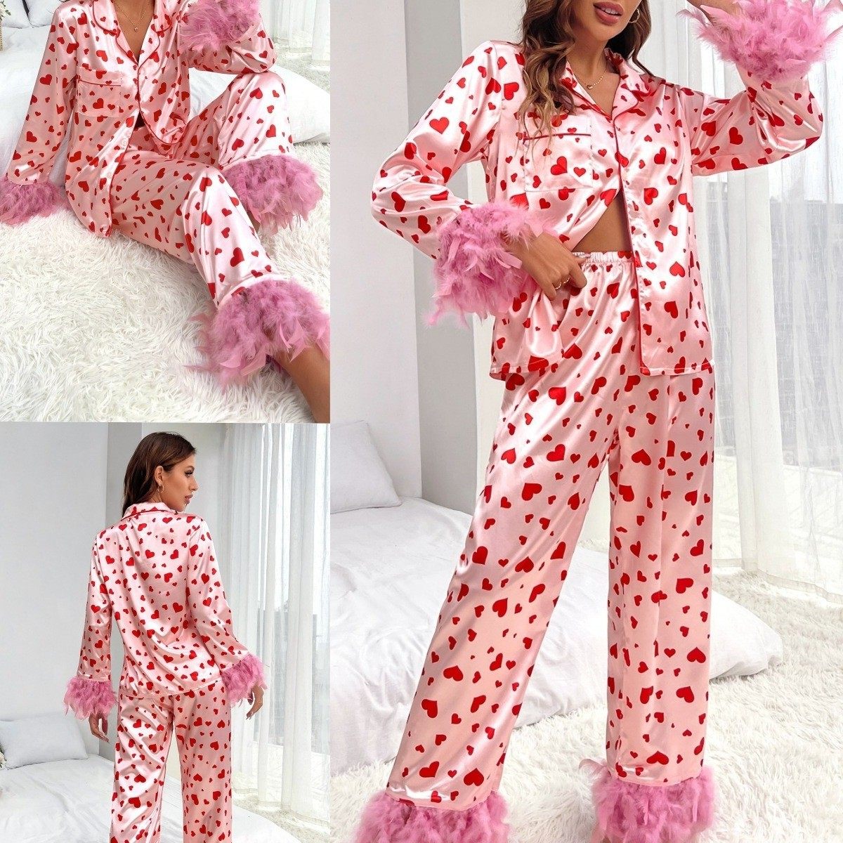 春季新款亚马逊跨境欧美女装情人节甜美爱心印花休闲套装睡衣,个性定制/设计服务/DIY,连衣裙加工定制,淘宝优惠券,粉丝福利购,淘宝优惠卷