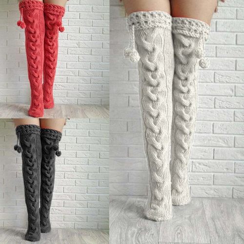 欧美热销针织袜带毛球过膝加长款长筒袜堆堆毛线袜女 亚马逊跨境