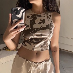 内搭性感背心辣妹 短款 亚马逊欧美外贸爆款 吊带人像印花显瘦修身