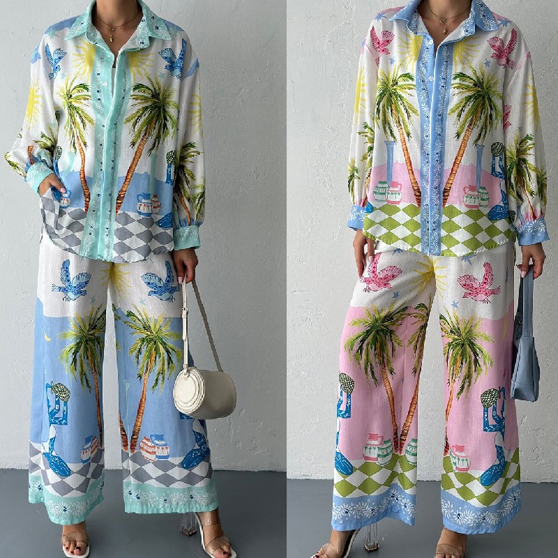 跨境外贸欧美新独立站时尚个性印花亚麻长袖衬衫长裤两件套装