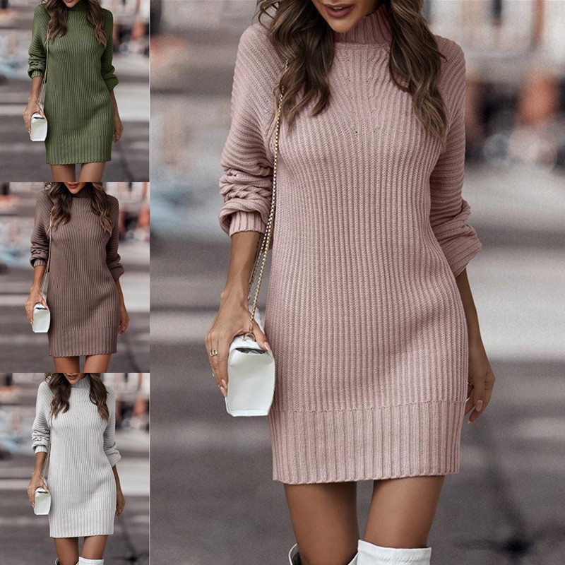 欧美亚马逊 跨境货源秋冬净色长袖时尚高领毛衣女连衣裙