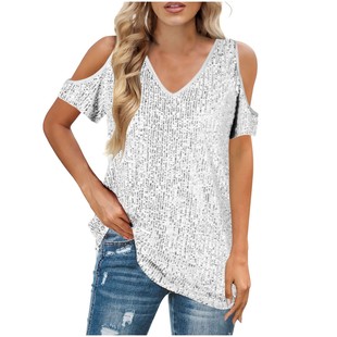 舒适宽松领亮片短袖 时尚 上衣亮片 女装 欧美亚马逊跨境夏季