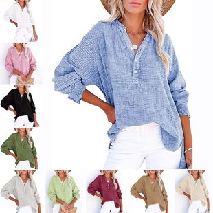 宽松套头衫 跨境欧美时尚 纯色上衣女衬衫 褶皱纽扣长袖 春秋款