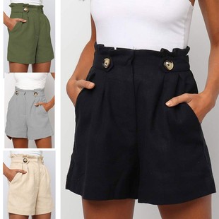 欧美纯色高腰褶边宽松裤 亚马逊休闲短裤 潮牌新款 夏季 女装