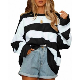 喇叭袖 套头女装 宽毛衣 拼色条纹针织衫 现货跨境亚马逊秋冬圆领长款