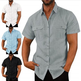 男纯色拼贴麻开衫 简约衬衫 短袖 宽松翻领男式 新款 衬衫 夏季