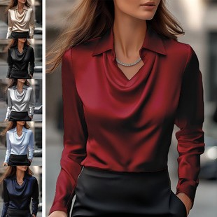 欧美跨境荡领衬衫女装 秋冬长袖上衣气质简约显瘦通勤多场合