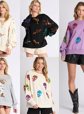 亚马逊秋冬新款欧美跨境女装万圣节骷髅头亮片卫衣宽松休闲上衣女