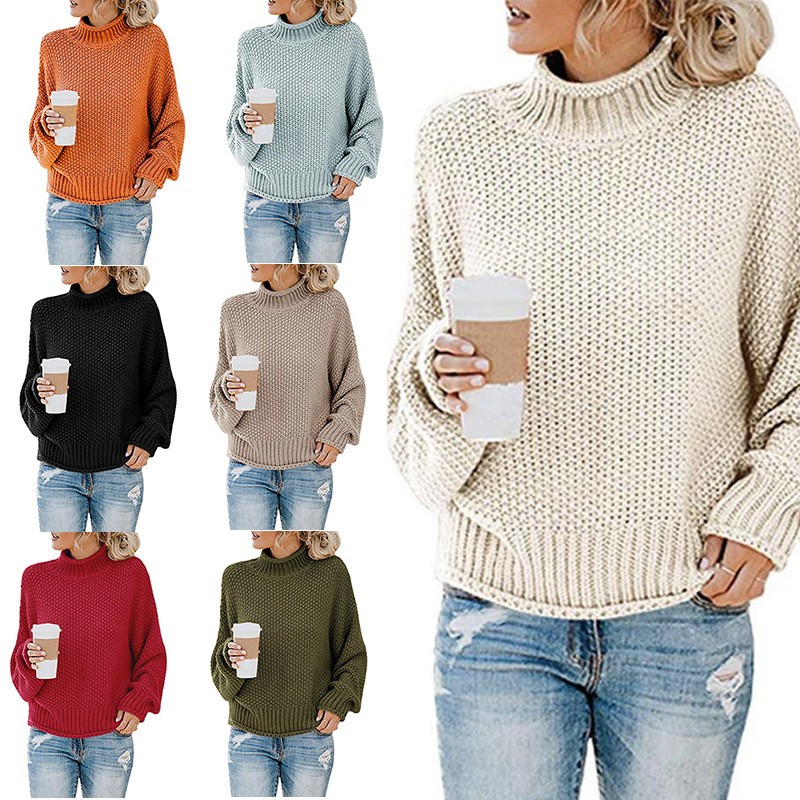秋冬亚马逊新款针织衫欧美外贸女装亚马逊粗线高领套头毛衣女