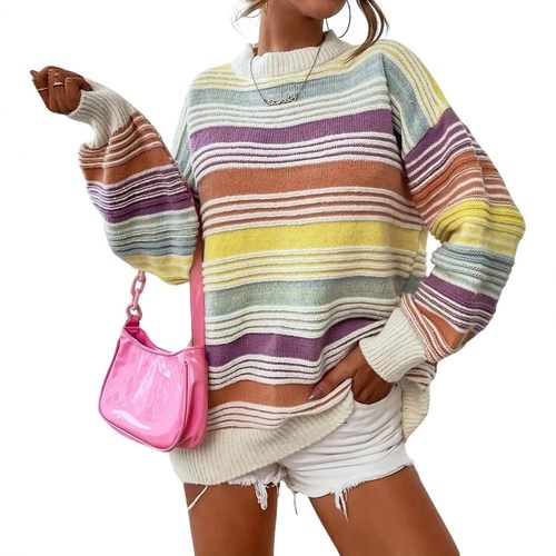 亚马逊跨境欧美条纹宽松毛衣女秋冬新款时尚圆领套头针织衫