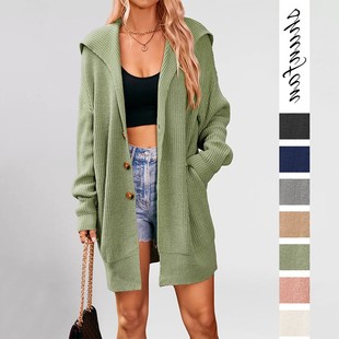 三粒扣中长款 纯色翻领口袋开衫 欧美毛衣外套 新款 秋冬跨境女装