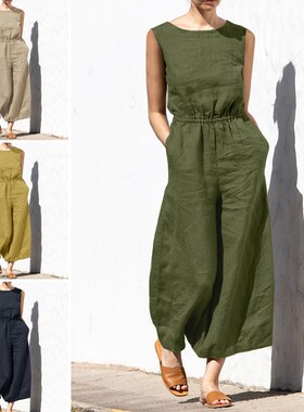 跨境欧美夏季纯色高腰无袖显瘦长裤女装时尚休闲宽松型连体裤
