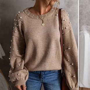 钉珠圆领套头女式 宽松长袖 毛衣厂 欧美亚马逊跨境大码 洋洋秋冬新款