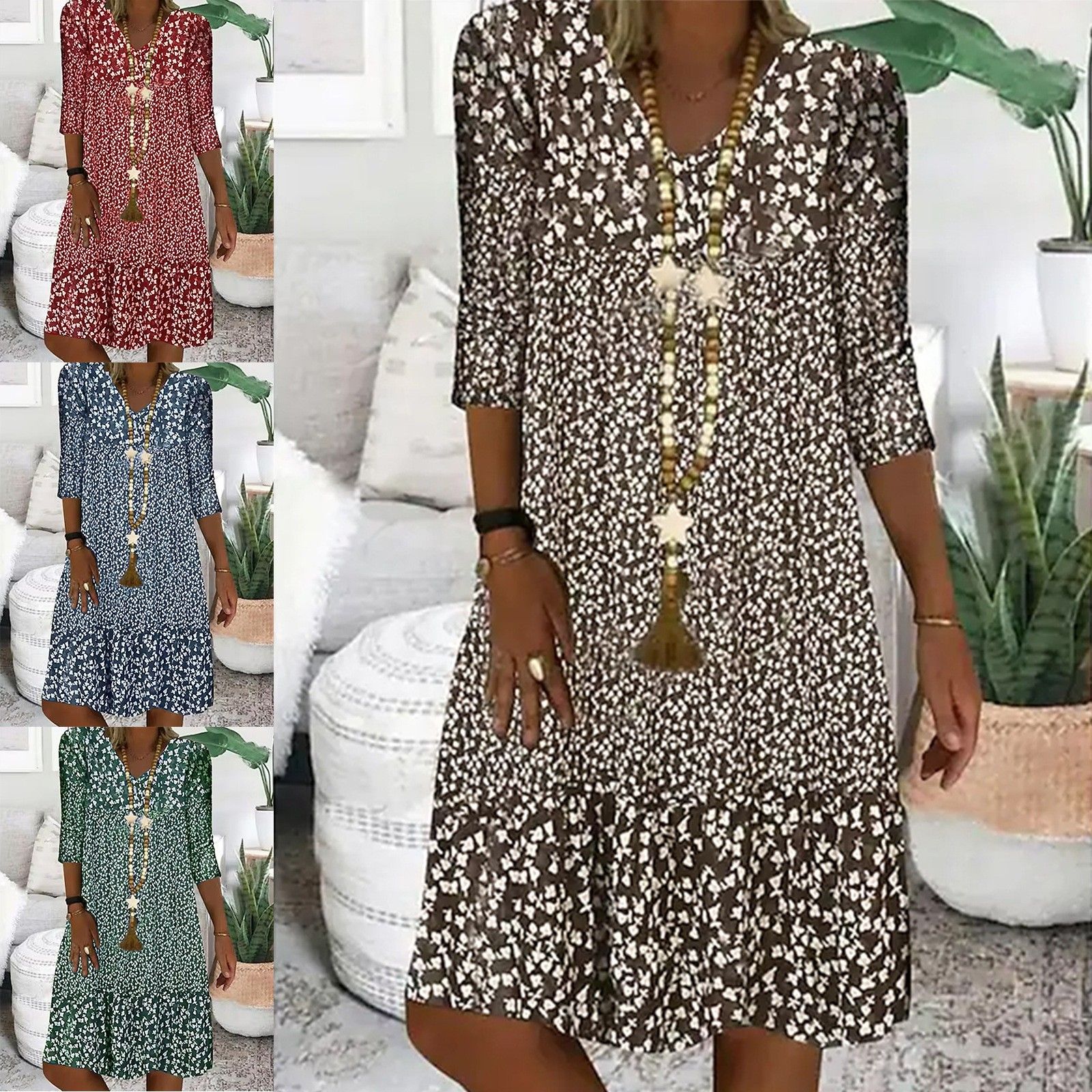 跨境外贸亚马逊独立站夏季新款印花中袖领中长连衣裙女