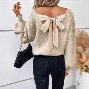 长袖 欧美跨境女装 外贸新款 秋季 休闲宽松蝴蝶结上衣女 领纯色毛衣