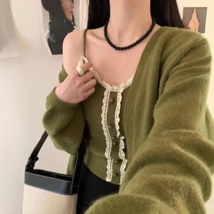 叠穿蕾丝花边针织吊带套装 韩系百搭纯色长袖 新款 女秋冬季 毛衣开衫