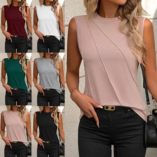 宽松恤衬衫 纯色圆领无袖 背心女 新款 亚马逊欧美跨境外贸夏季