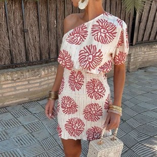 时尚 夏季 斜领印花优雅单肩短袖 欧美女装 优雅连衣裙 亚马逊新款