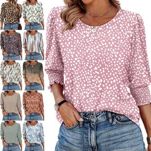 宽松休闲印花七分袖 亚马逊秋季 圆领恤上衣 跨境欧美女装 色