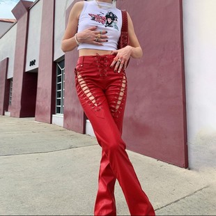 时尚 显瘦皮裤 潮流女装 高腰镂空绑带直筒束脚修身 新款 欧美夏季