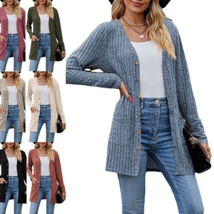 新款 女士开衫 女装 磨毛坑条纯色长袖 外套 亚马逊女式 跨境秋季