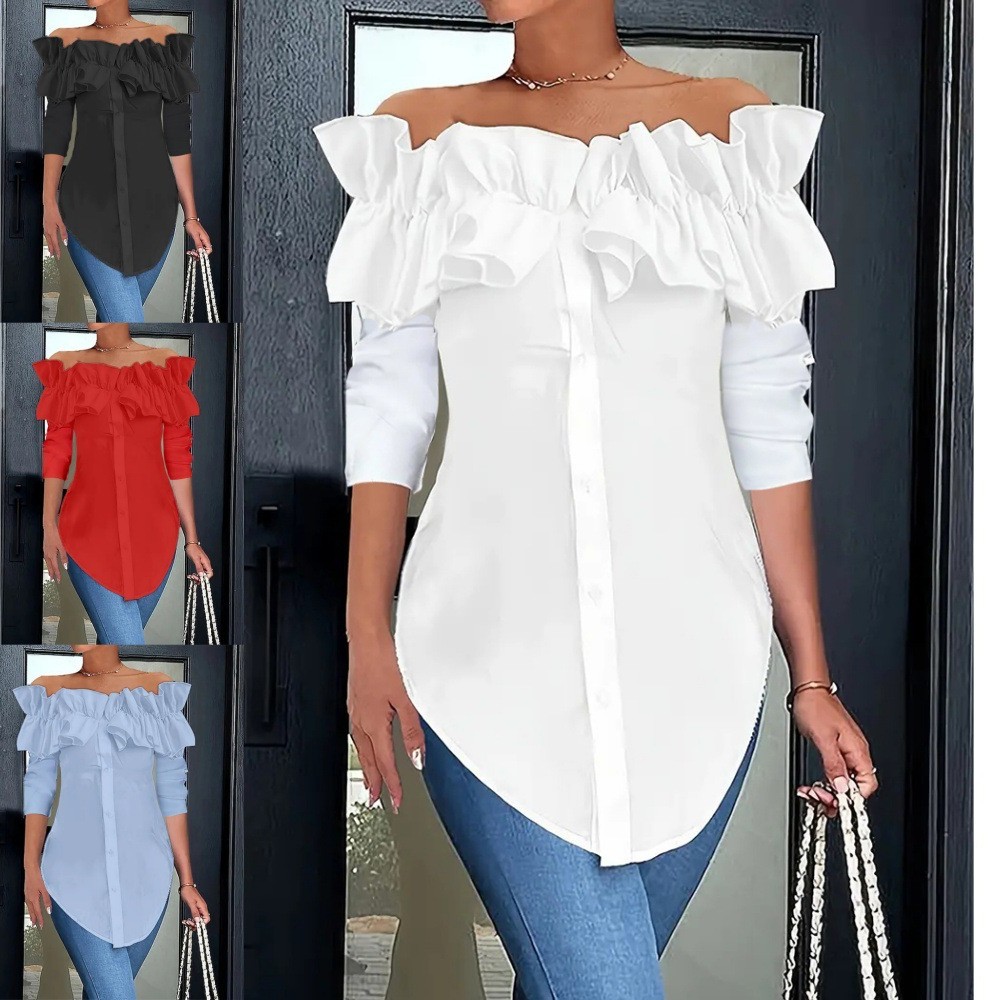 独立站亚马逊爆款 秋季简约纯色一字肩荷叶边衬衫上衣女