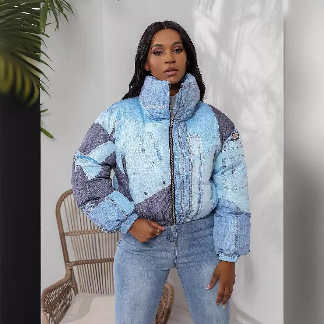 跨境电商欧美女装源头工厂 时尚女士夹克牛仔印花棉服外套