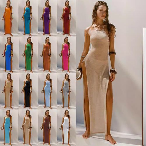 新款跨境爆款双侧高开叉吊带美背针织连衣裙沙滩度假风连