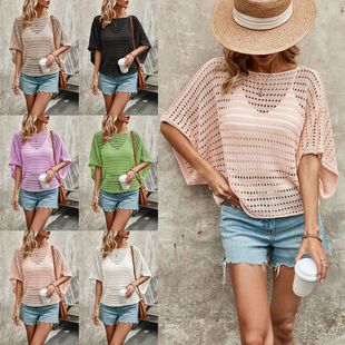 热卖 针织衫 圆领新款 短袖 亚马逊套头镂空时尚 春夏跨境欧美女装