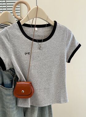 欧美风实拍棉质撞色短袖恤女夏季新款修身韩版短款打底衫上衣