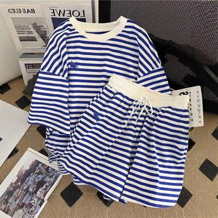 恤短裤 女夏宽松短袖 两件套 学院风条纹休闲运动套装 时尚