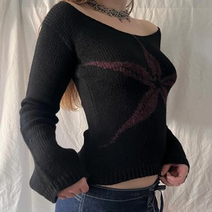 内搭上衣 短款 欧美跨境秋冬针织提花圆领针织衫 黑暗风百搭慵懒长袖